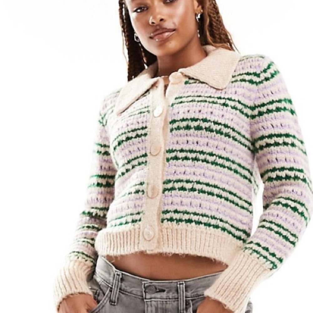 Collar Cardigan in Cream/Stripe